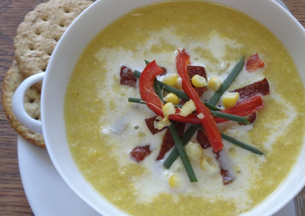 Fresh Corn Soup with Crispy Salami from My Kitchen Wand