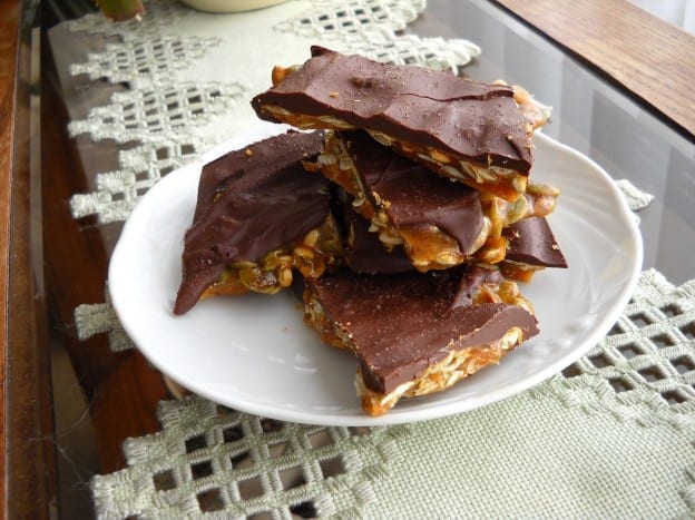 Spiced Pumpkin Seed Brittle with Chocolate and Sea Salt from My Kitchen Wand