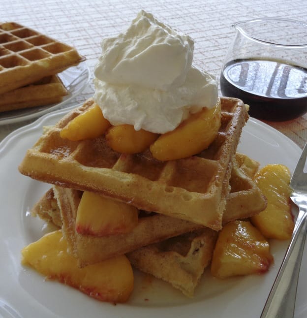 Peaches in Rose Honey with Almond Waffles from My Kitchen Wand